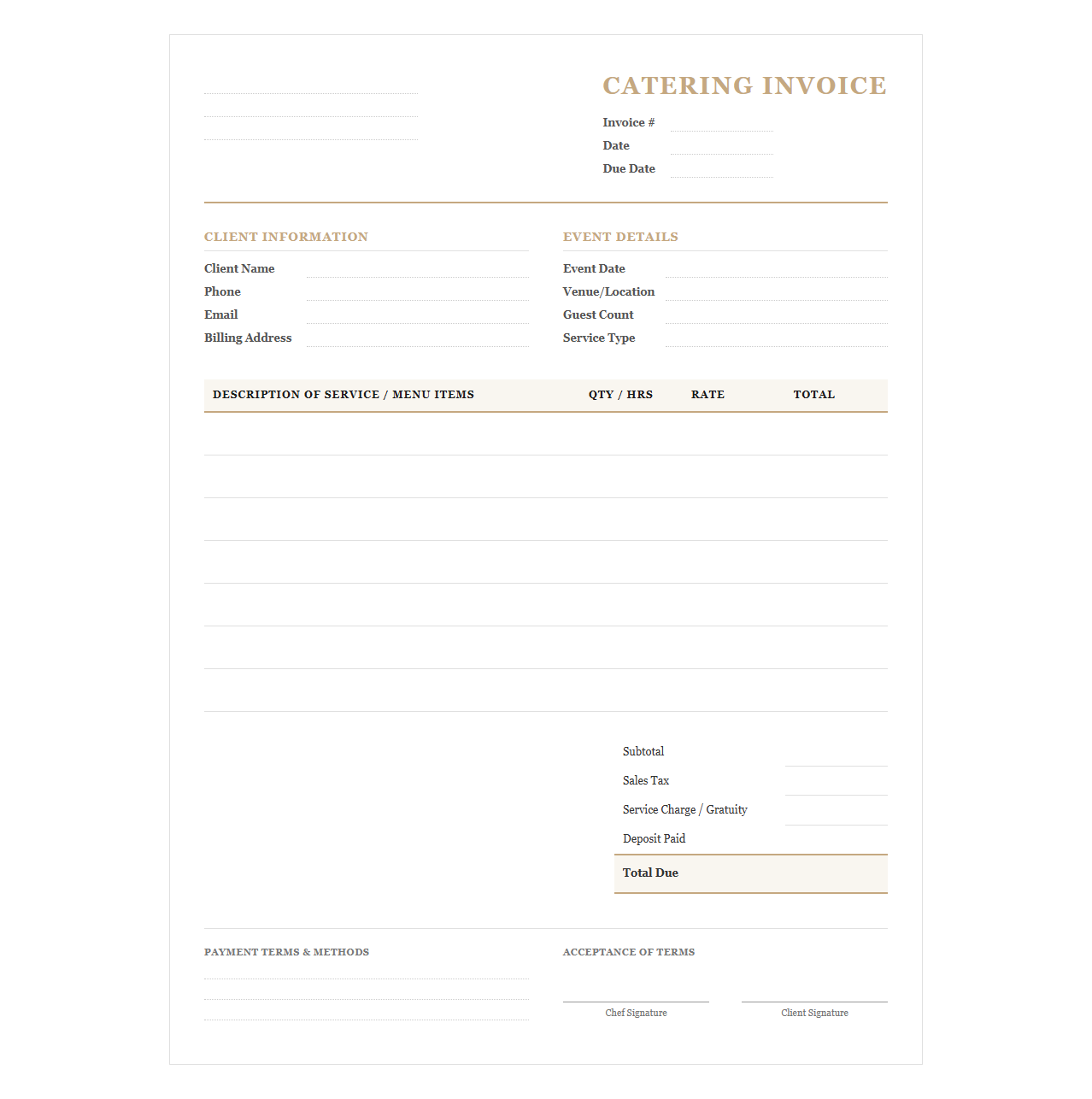 Private Chef and Catering Invoice Form