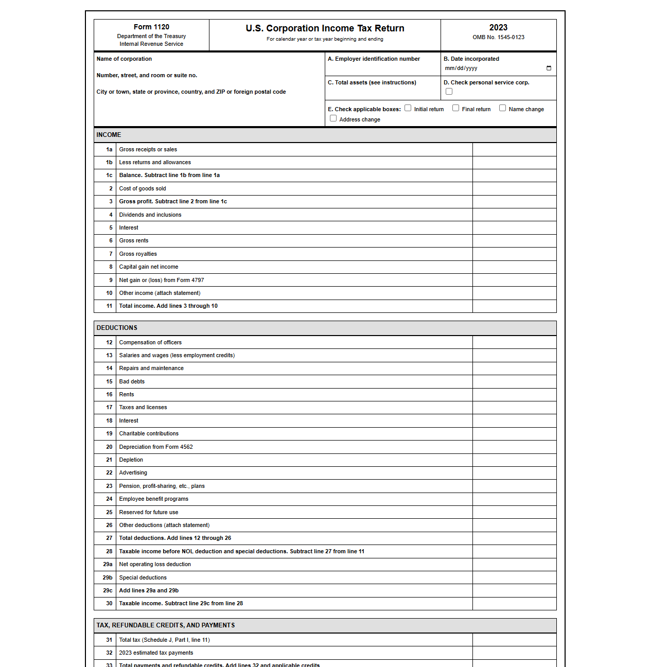 Pro Forma C Corp Form 1120 Tax Template