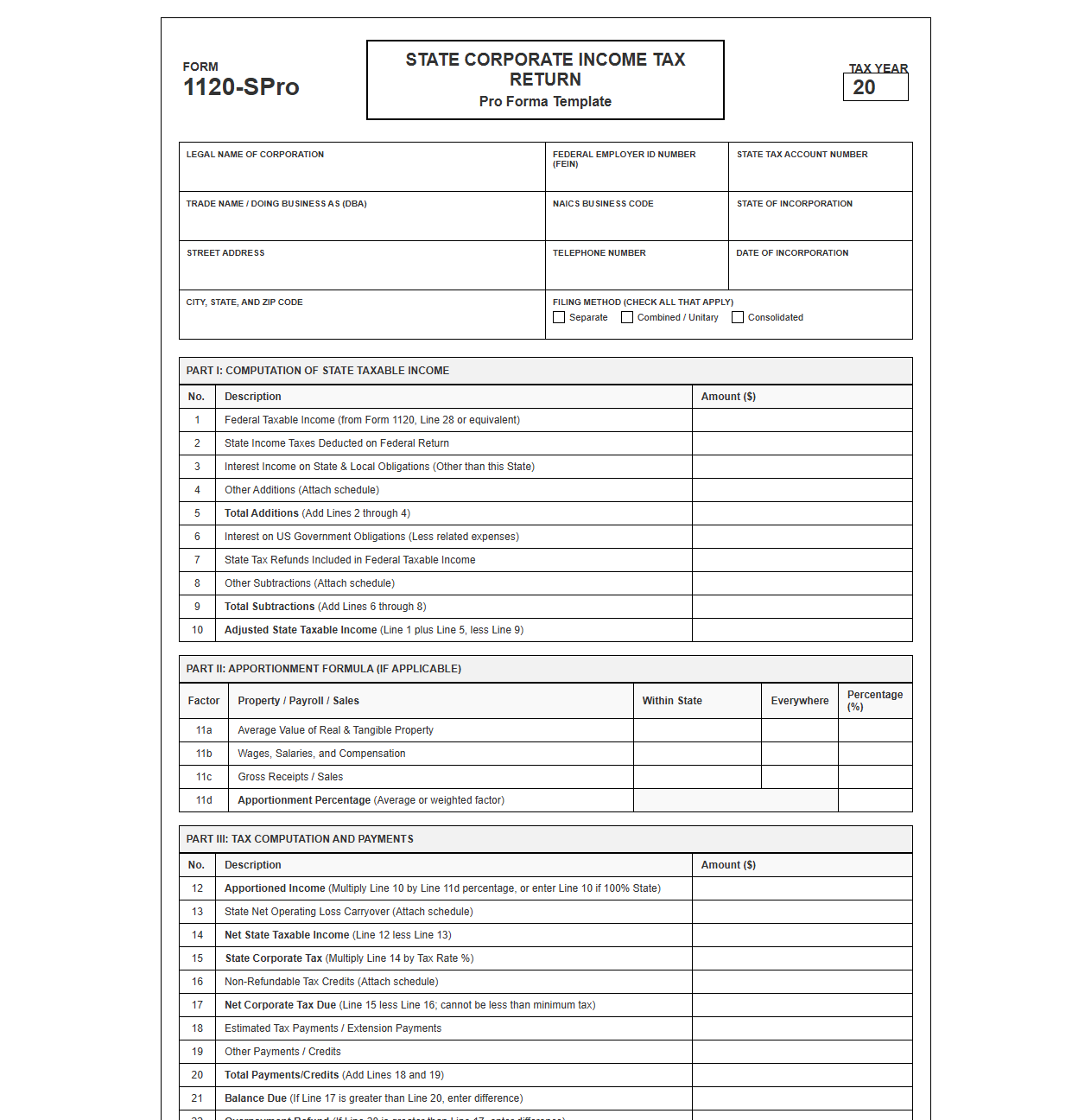 Pro Forma State Corporate Income Tax Return Template