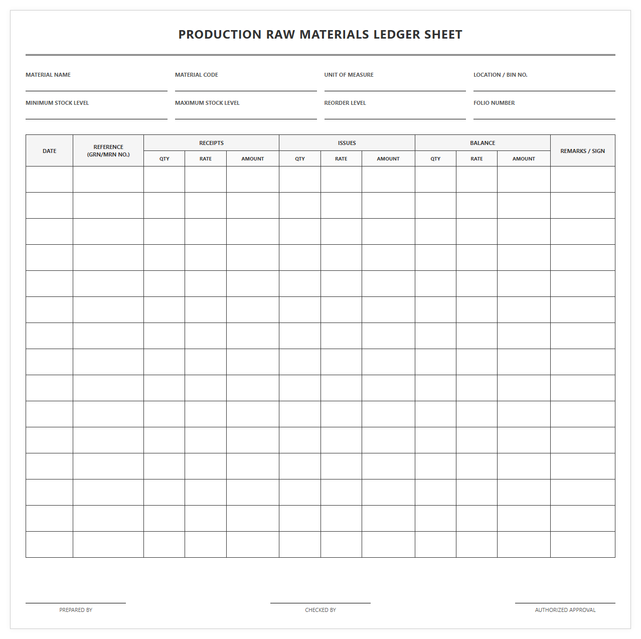 Production Raw Materials Ledger Sheet