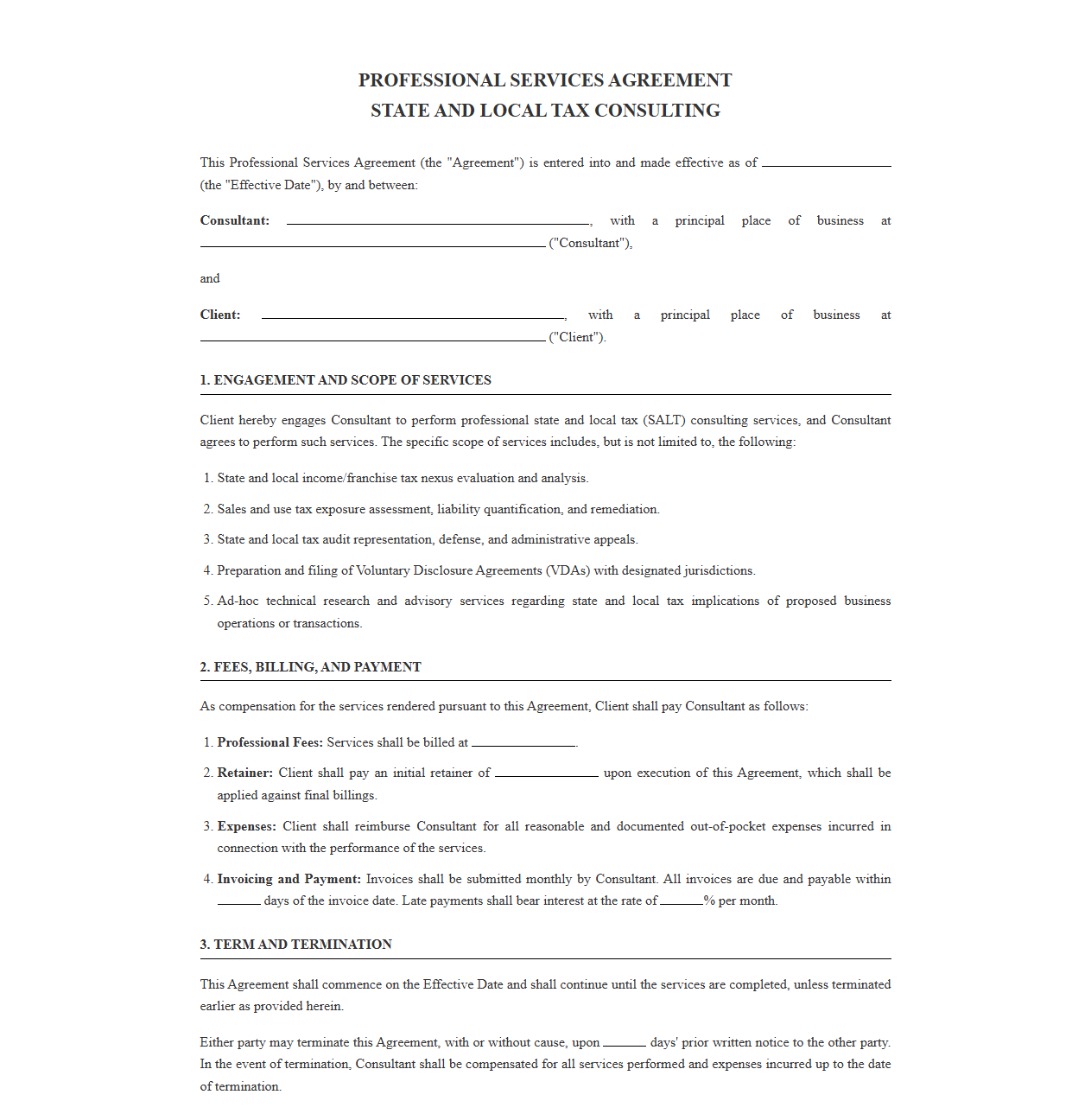 Professional Agreement for State and Local Tax Consulting