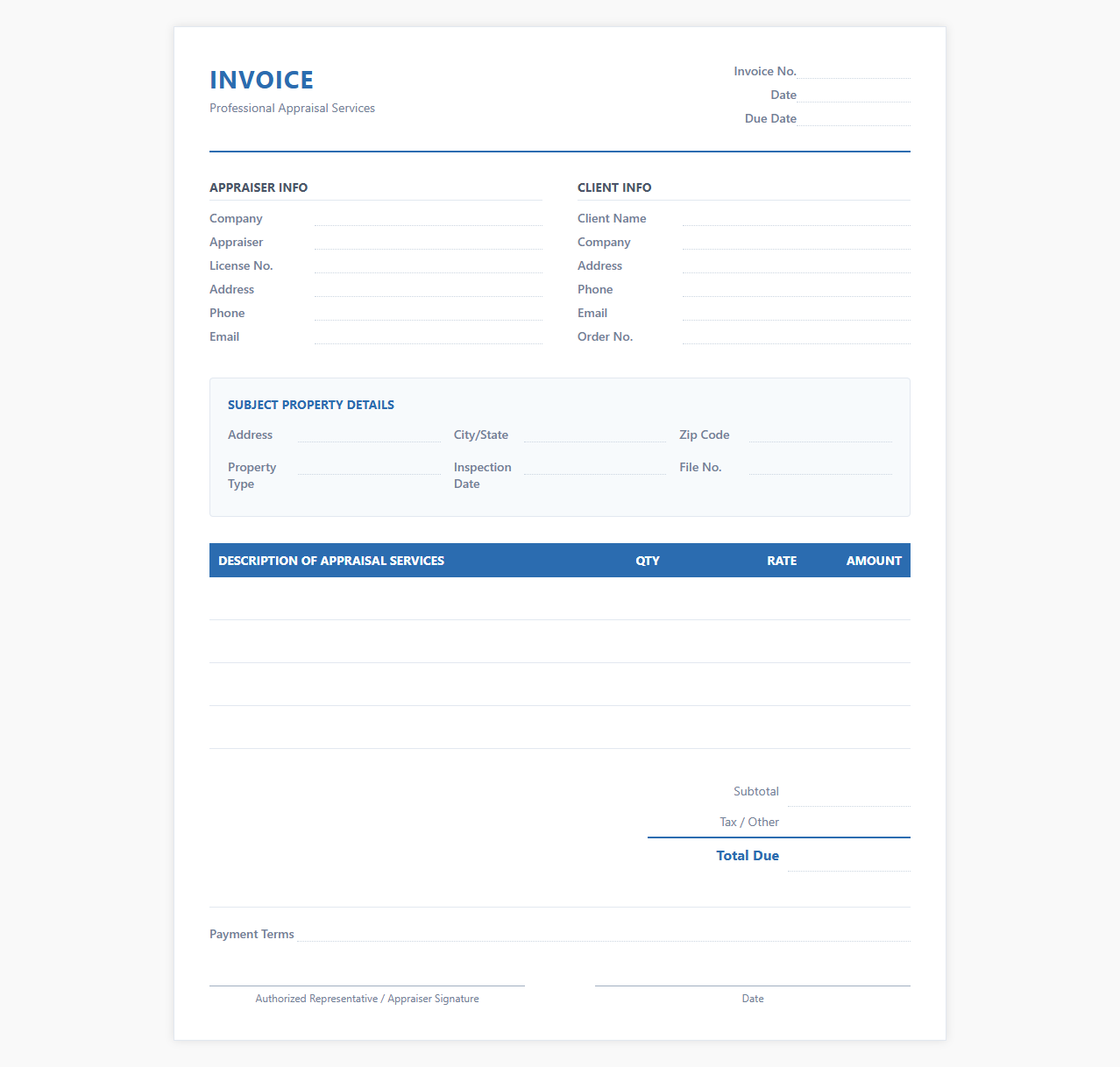 Professional Appraisal Service Invoice