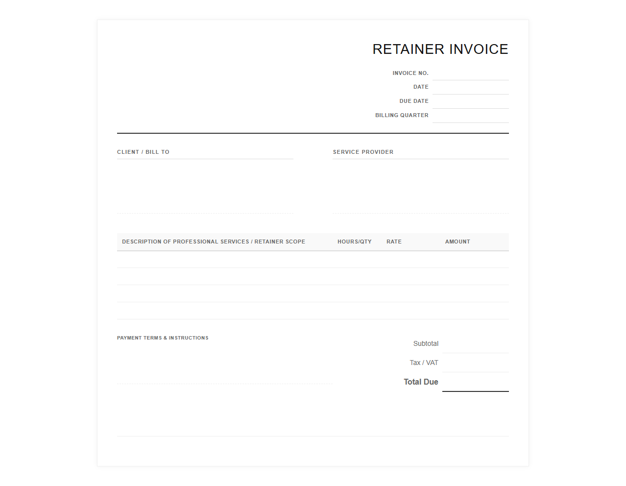Professional Services Quarterly Retainer Invoice