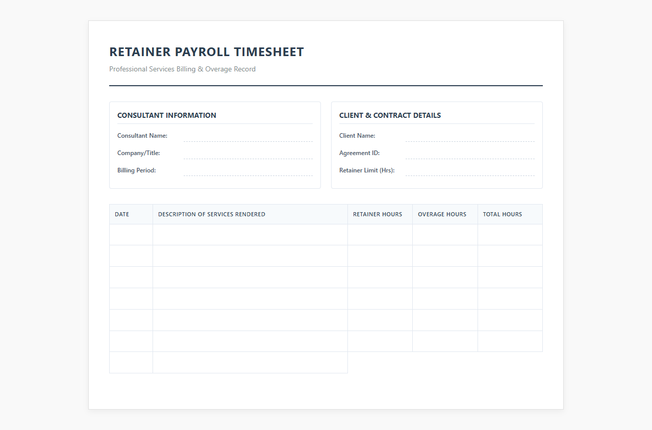 Professional Services Retainer Payroll Timesheet Template