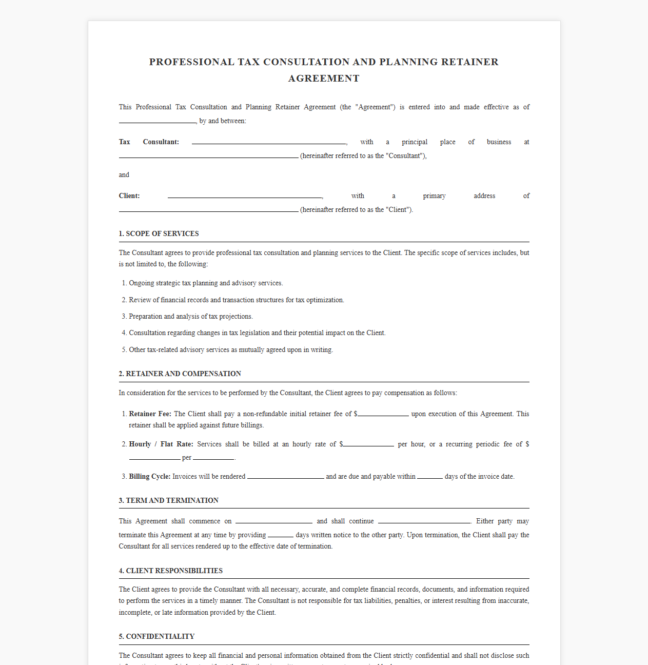 Professional Tax Consultation Retainer Agreement Template