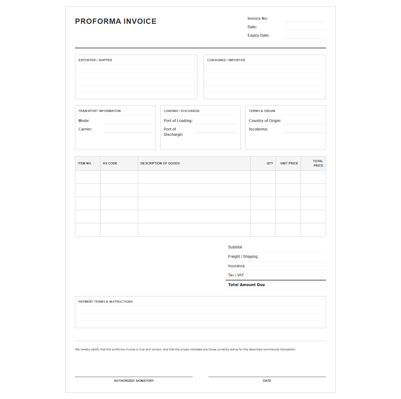 Proforma Commercial Invoice Template