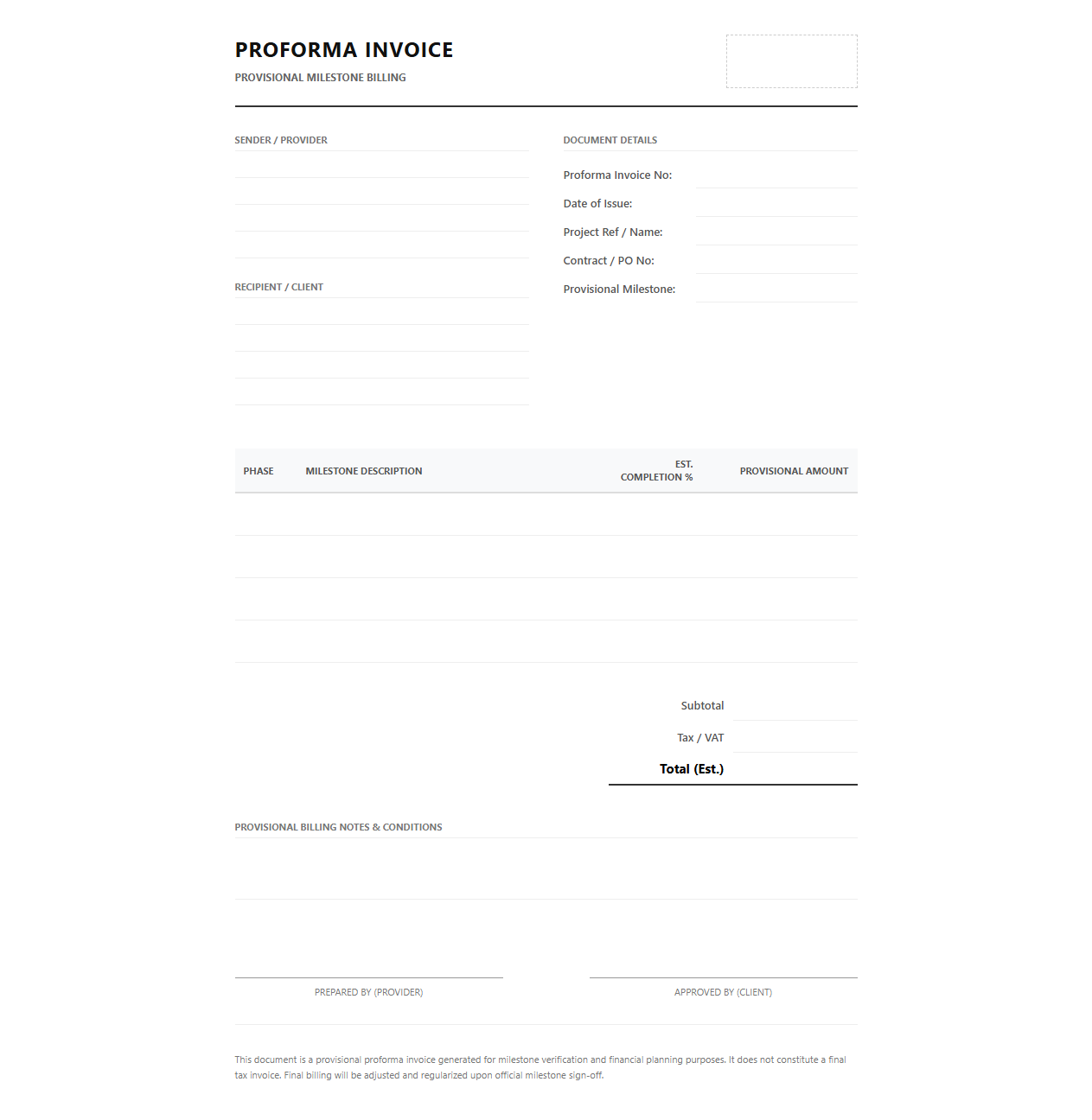 Proforma Invoice for Estimated Milestone Billing
