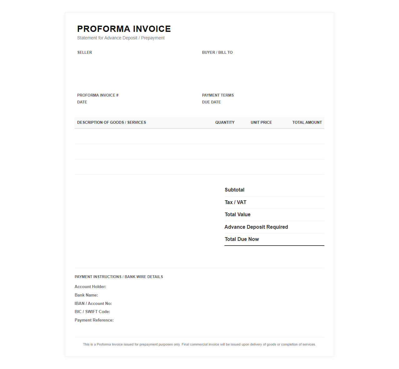 Proforma Invoice Statement for Advance Deposit