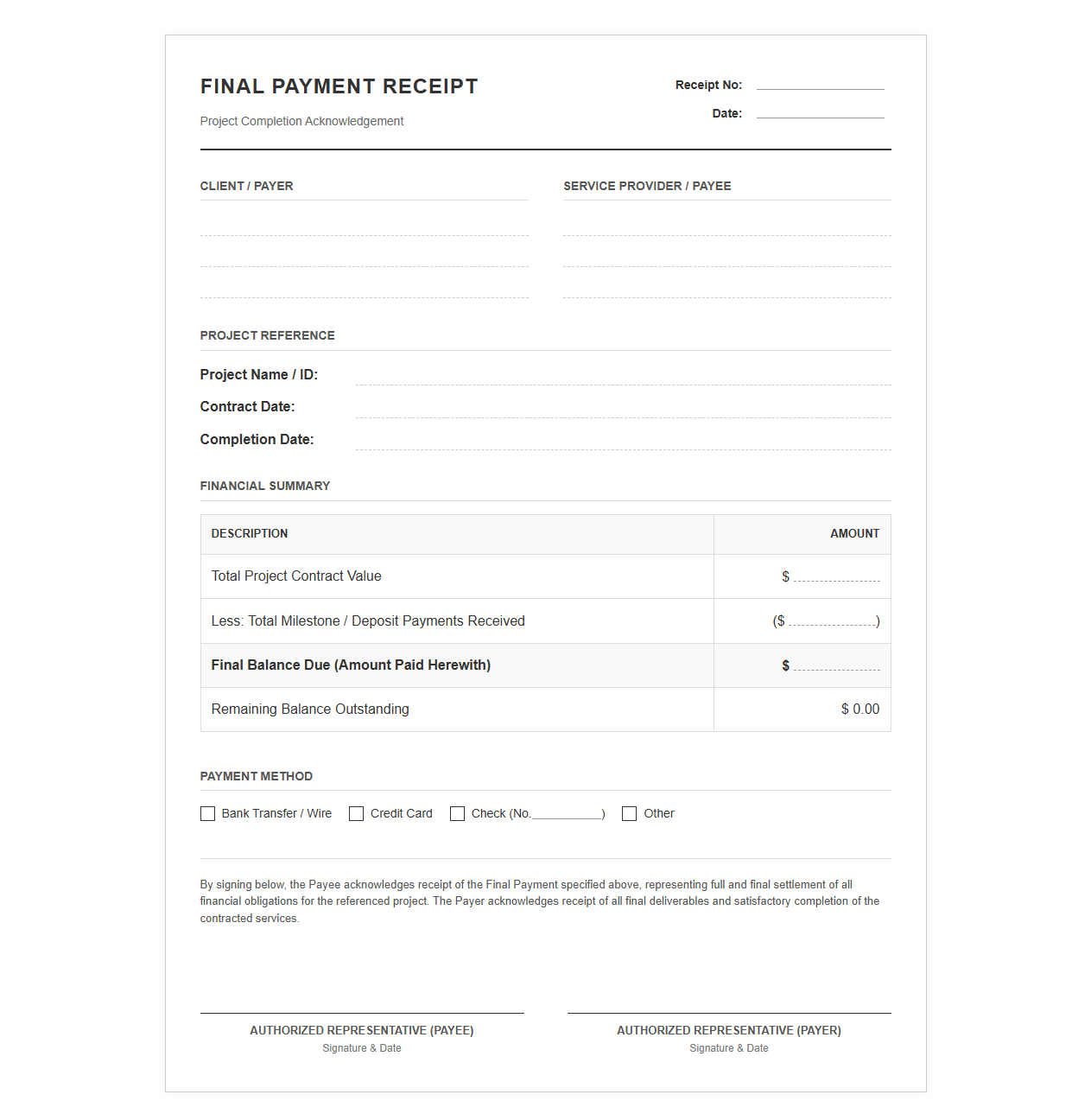 Project Completion Final Payment Receipt