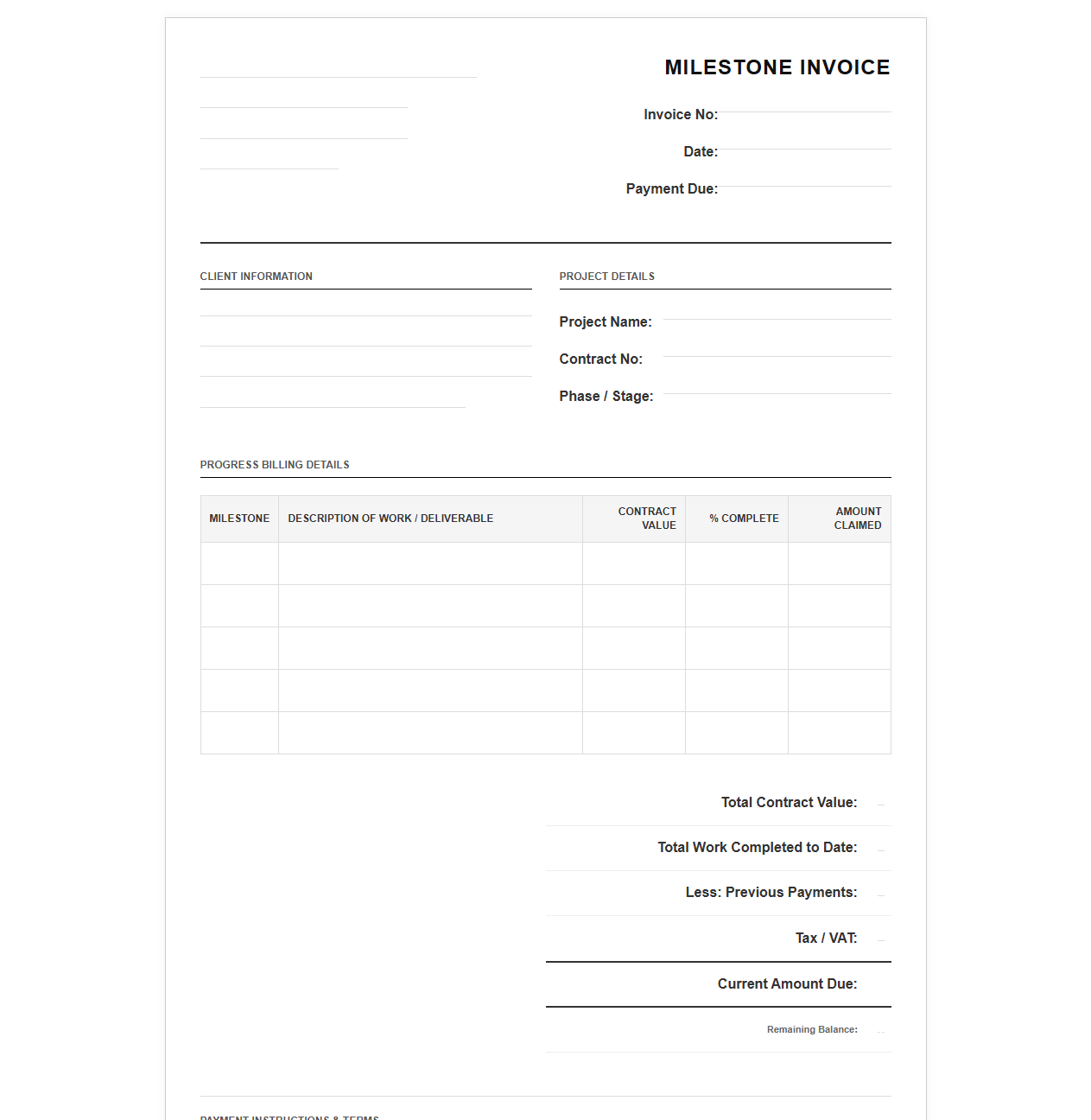 Project Progress Payment Milestone Invoice