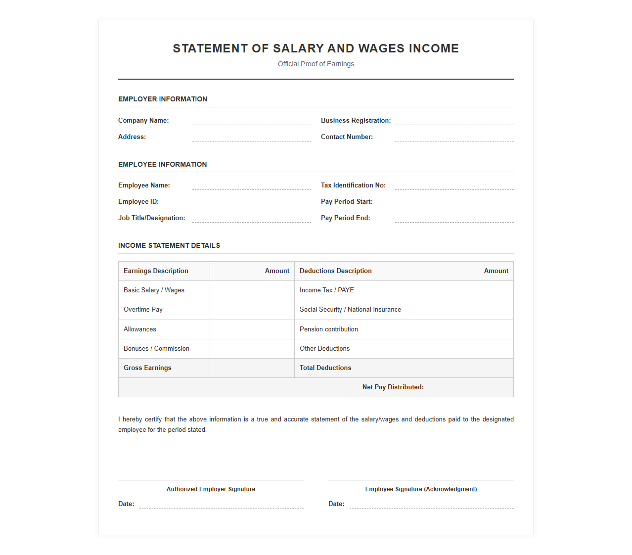 Proof of Salary and Wages Income Template