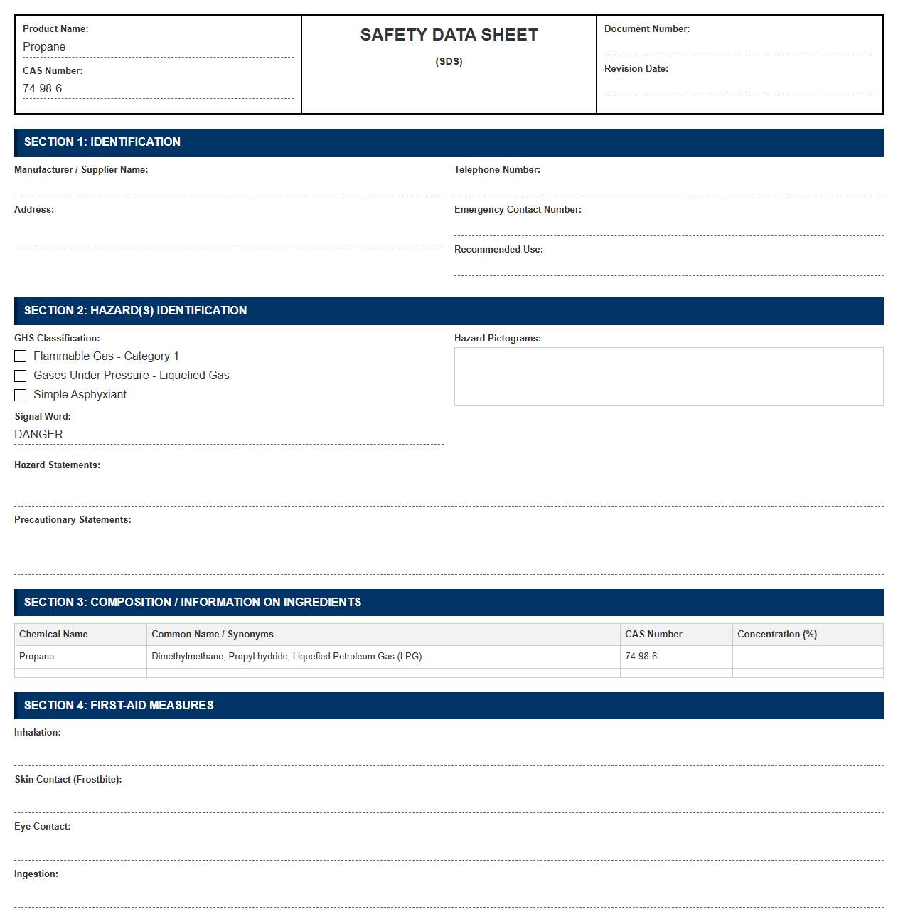 Propane Gas Safety Data Sheet Template