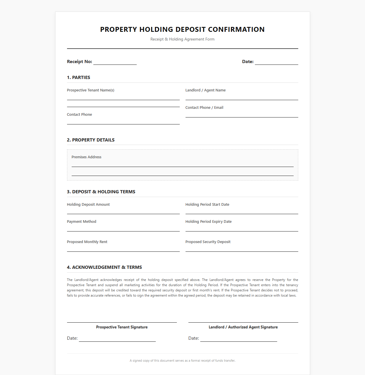 Property Holding Deposit Confirmation Form