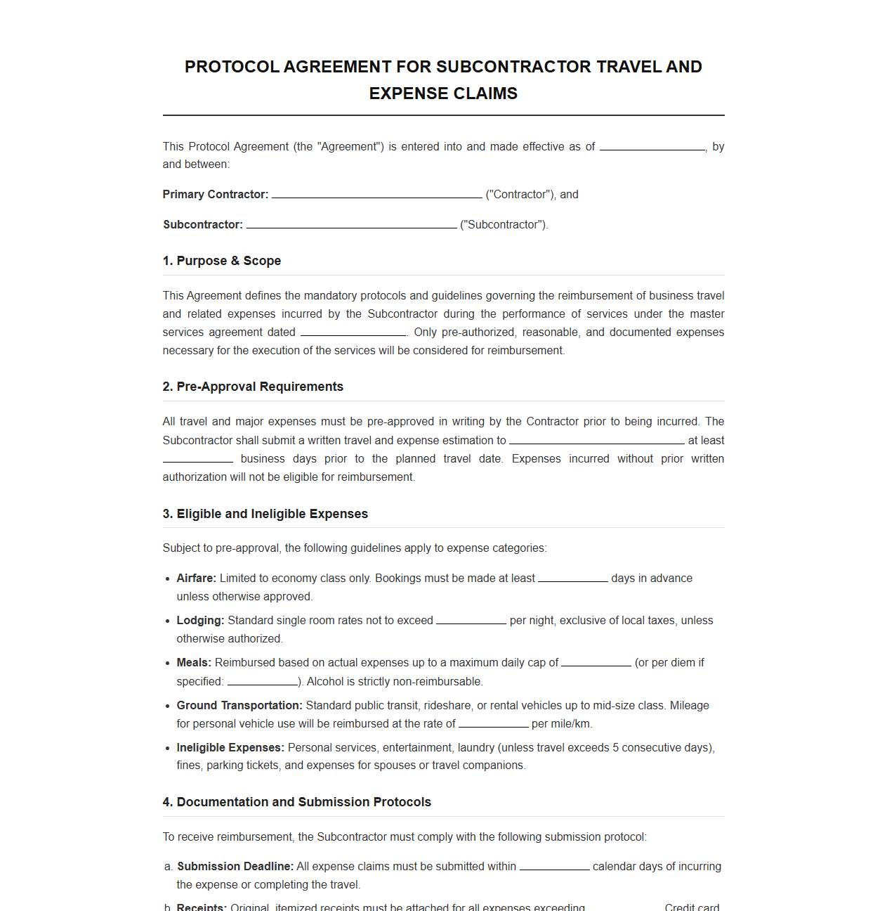 Protocol Agreement for Subcontractor Travel and Expense Claims