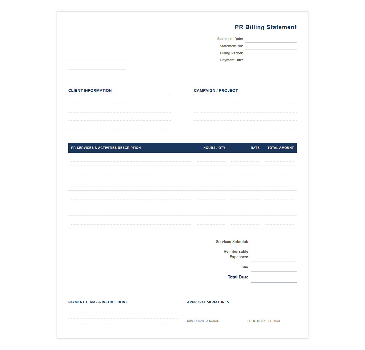 Public Relations Consultant Billing Statement
