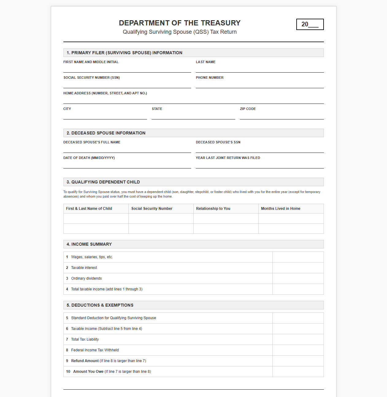 Qualifying Surviving Spouse Tax Return Template