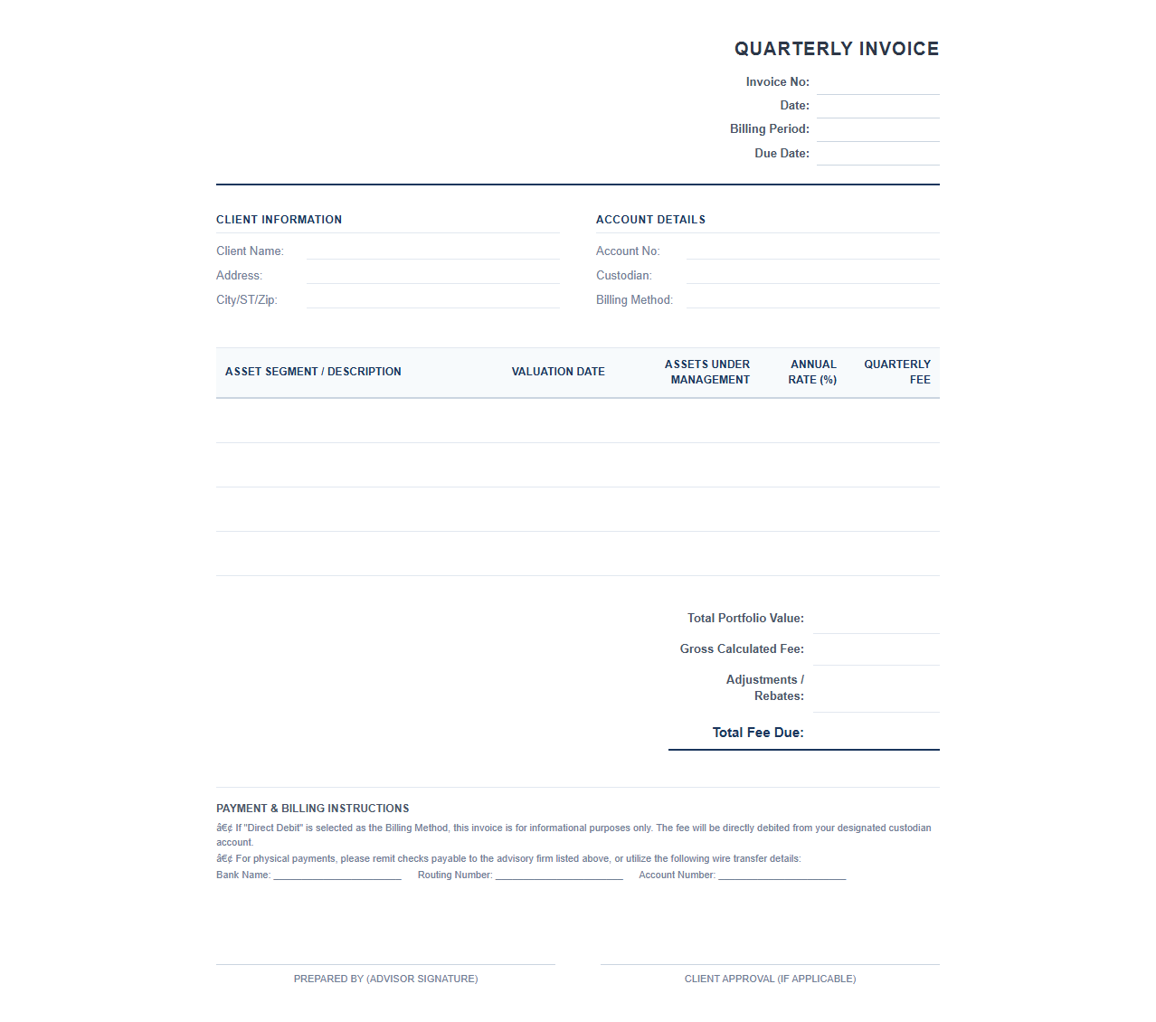 Quarterly Asset Management Fee Invoice