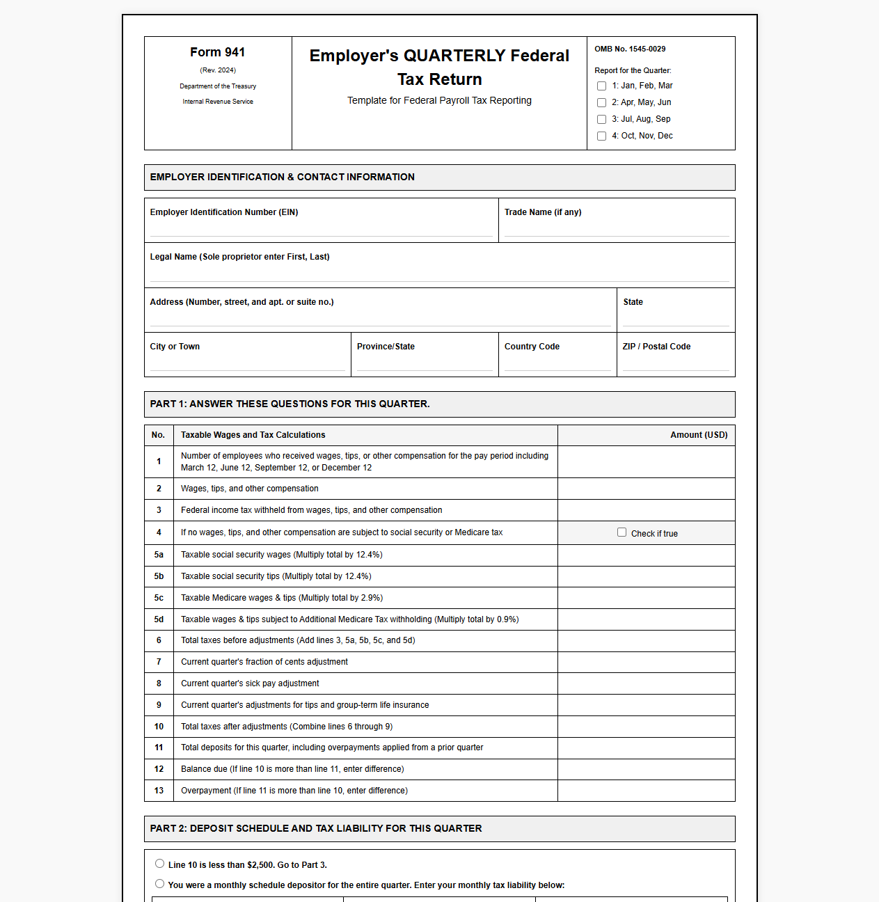 Quarterly Federal Employment Tax Return Template