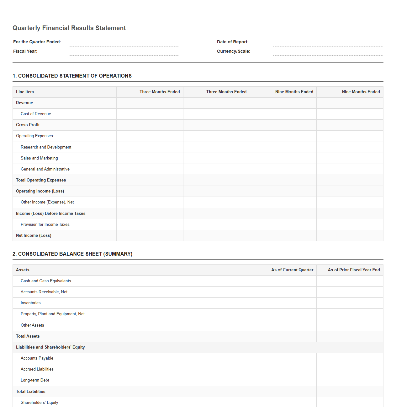 Quarterly Financial Results Statement Template