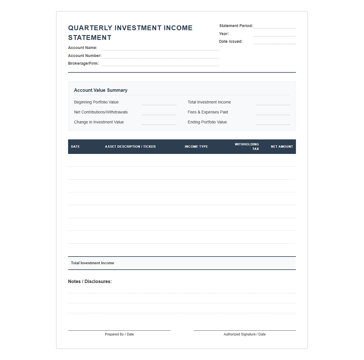 Quarterly Investment Income Statement Template