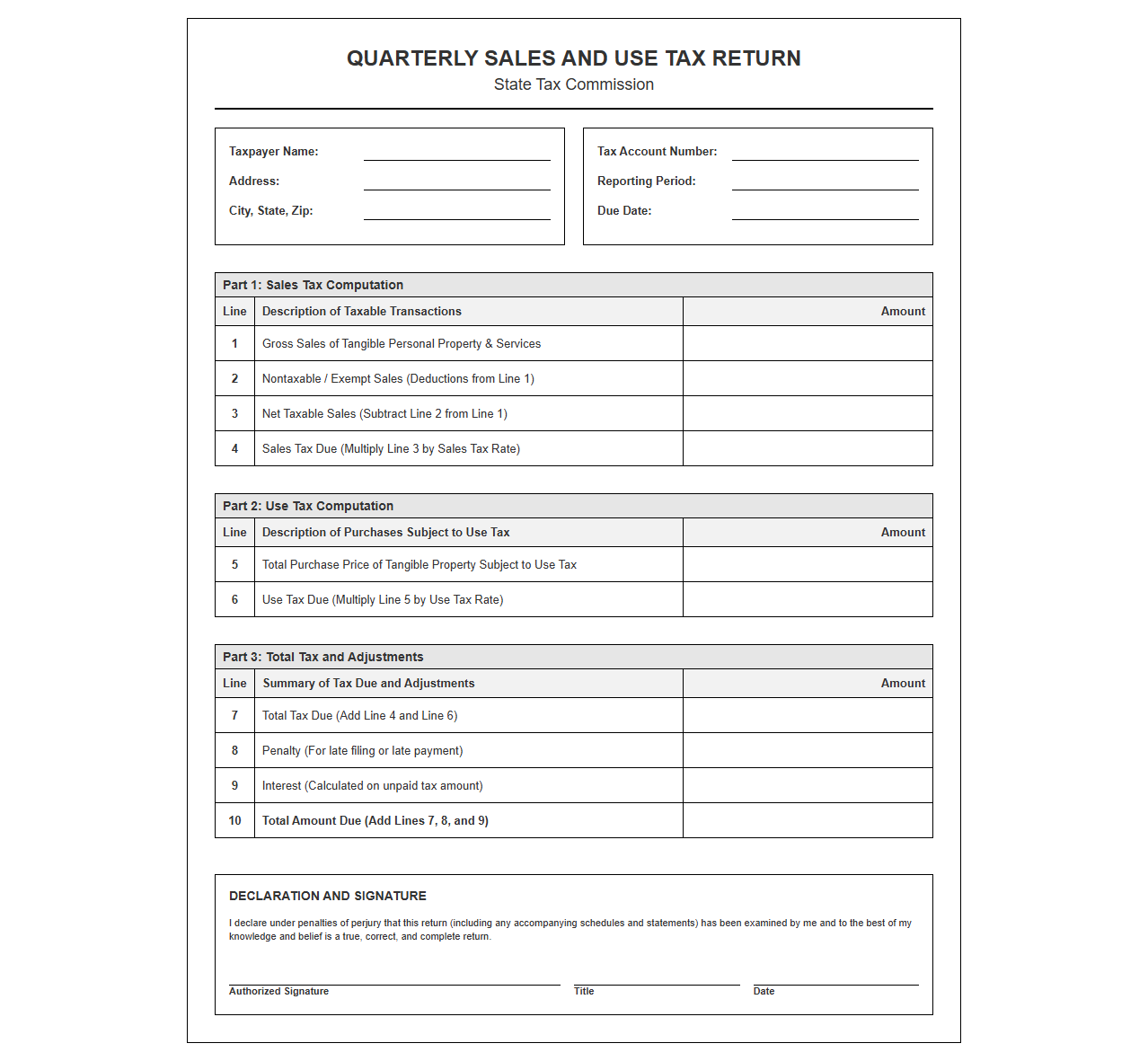 Quarterly Sales and Use Tax Return Sheet