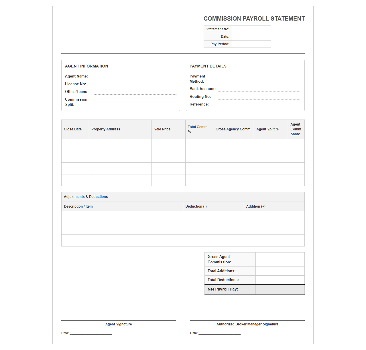 Real Estate Agent Commission Payroll Statement