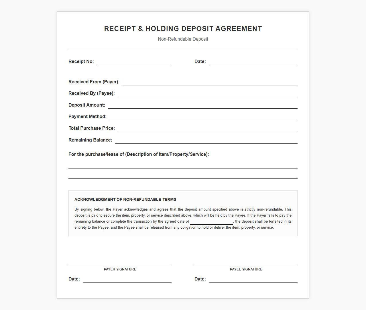 Receipt for Non-Refundable Deposit Agreement