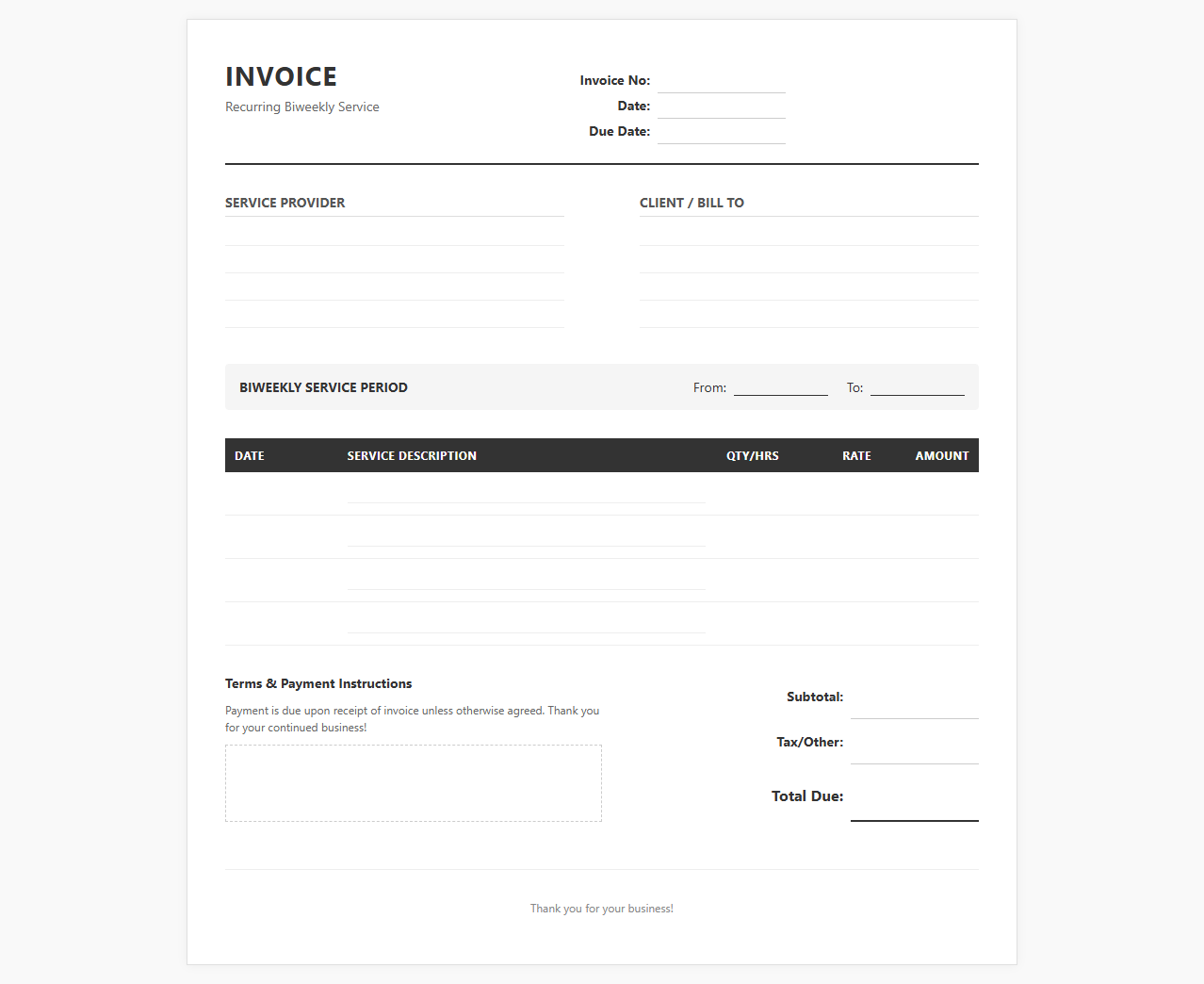 Recurring Biweekly Service Invoice Form