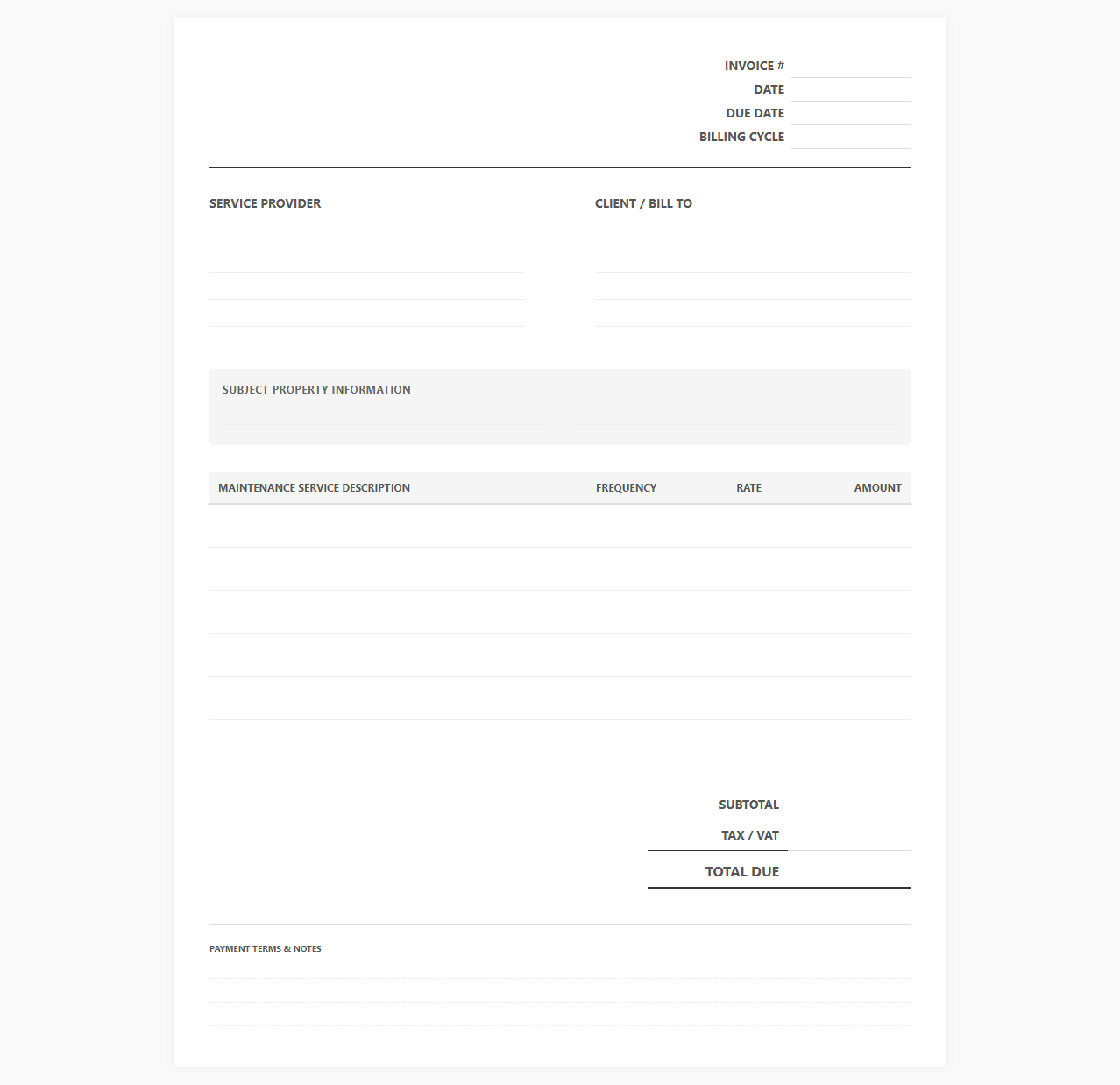 Recurring Monthly Property Maintenance Invoice