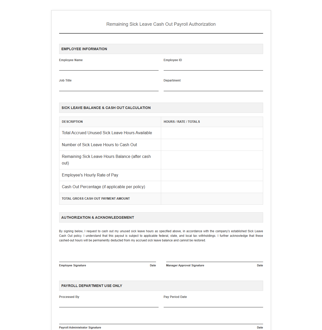 Remaining Sick Leave Cash Out Payroll Authorization