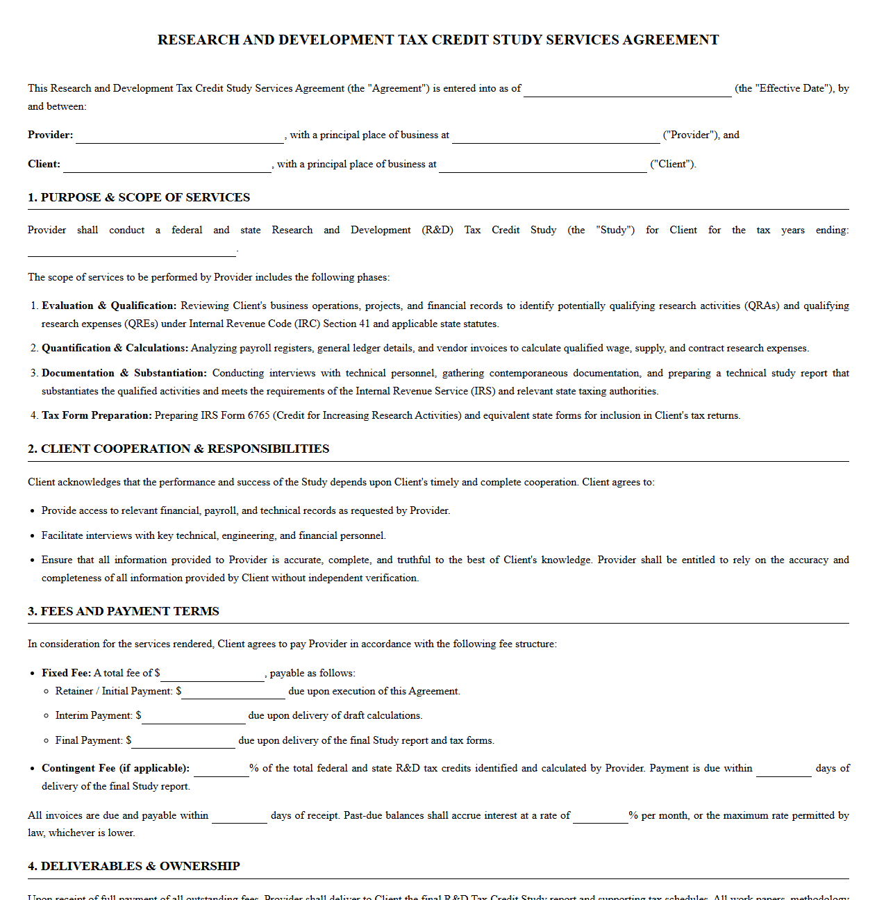 Research and Development Tax Credit Study Agreement
