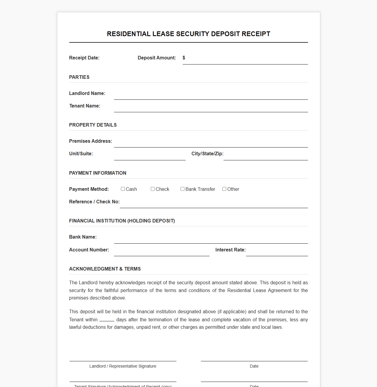 Residential Lease Security Deposit Receipt