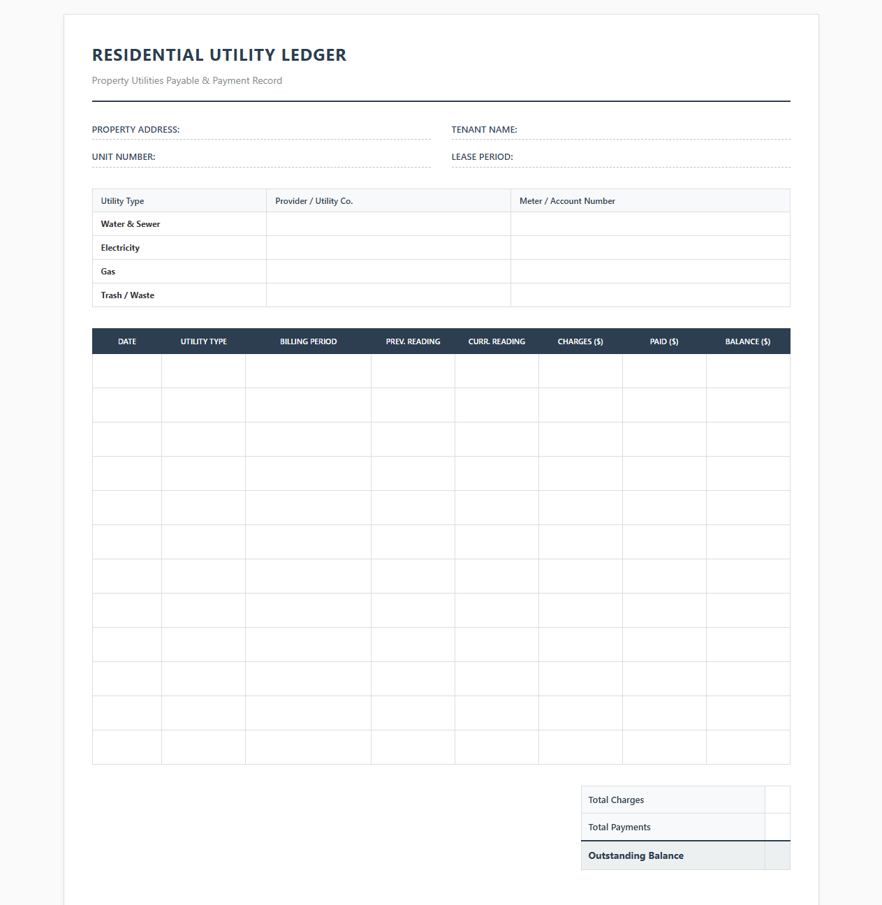 Residential Property Utility Ledger Template