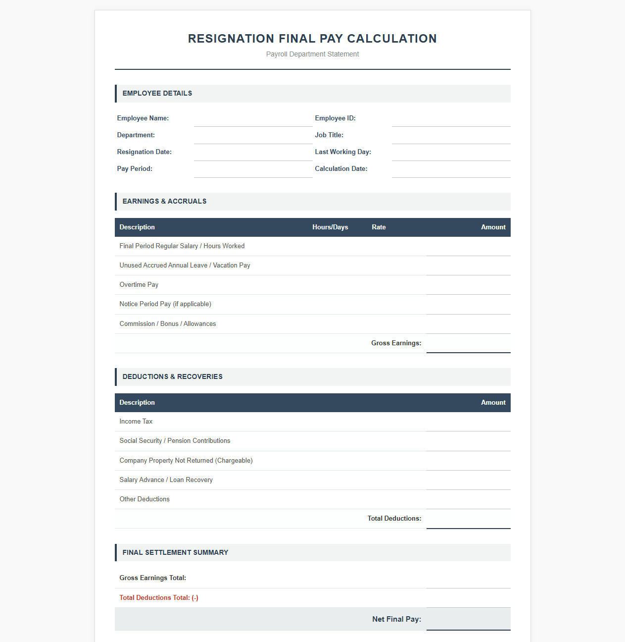 Resignation Final Pay Calculation Template