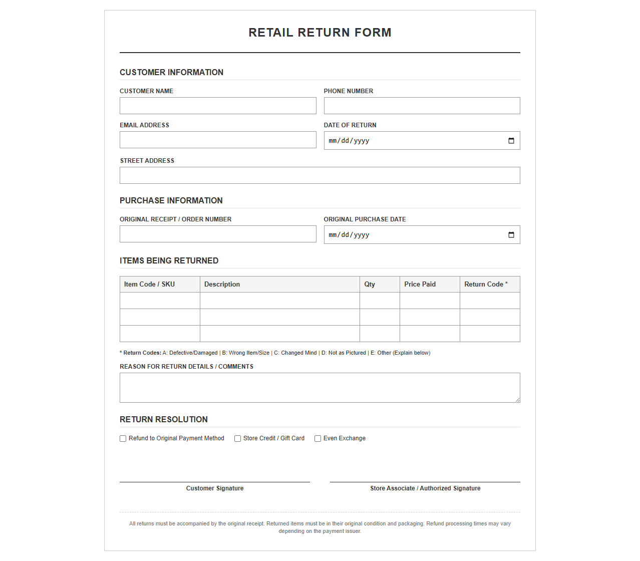 Retail Customer Product Return Form Template