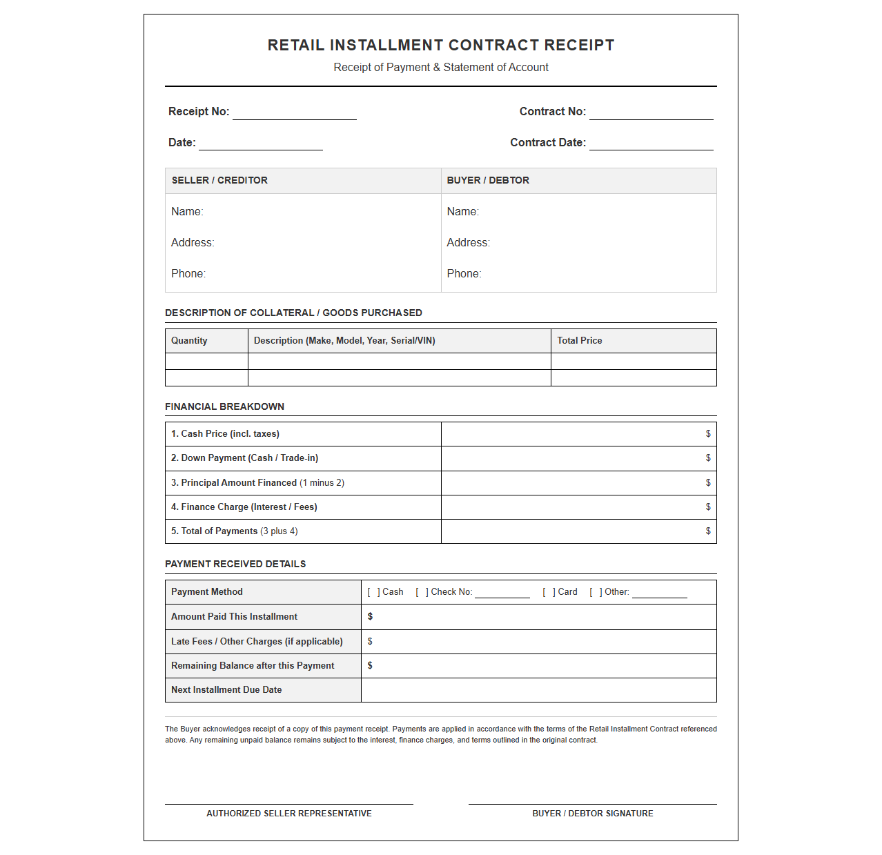 Retail Installment Contract Receipt