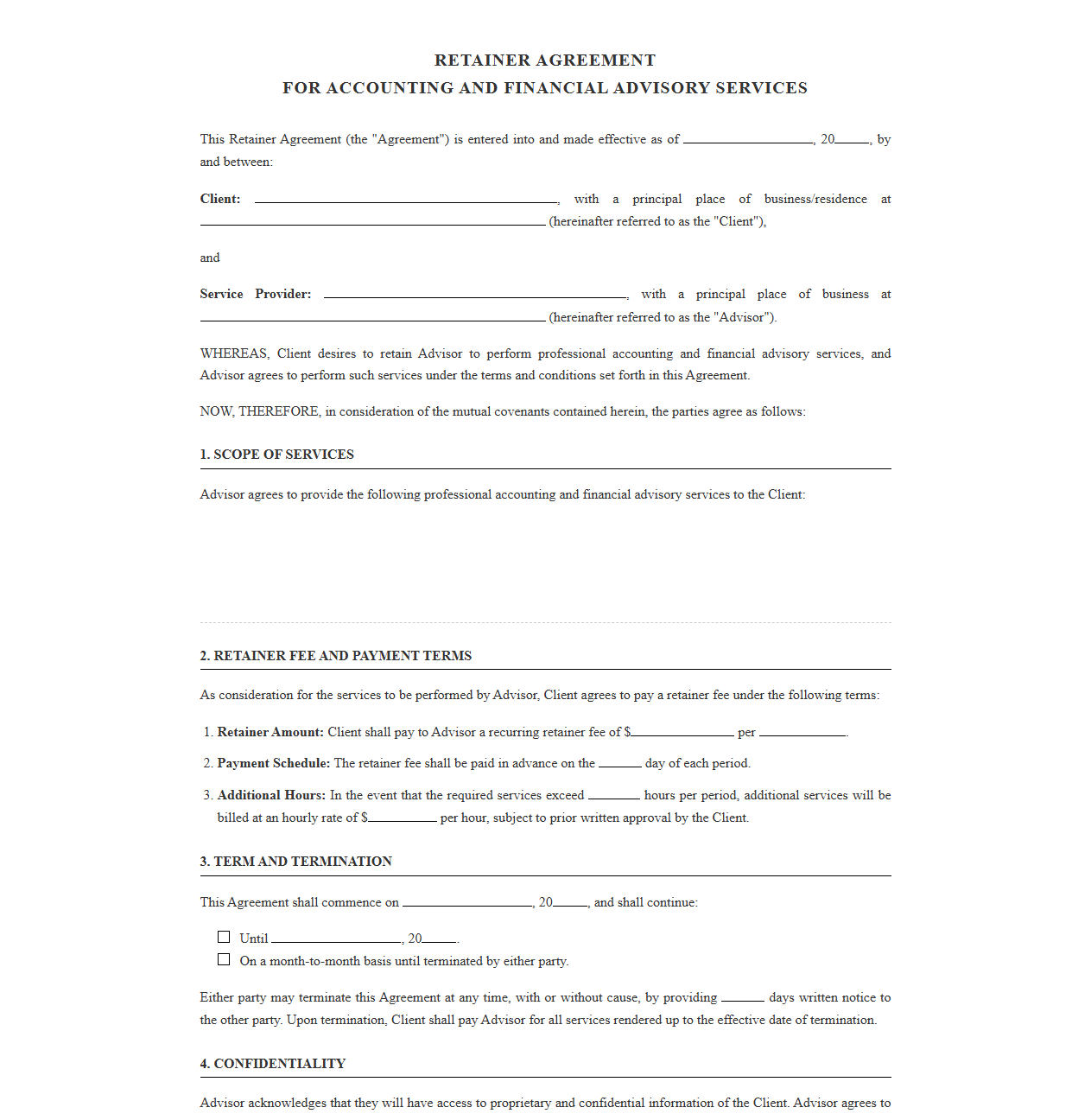 Retainer Agreement for Accounting and Financial Advisory Services