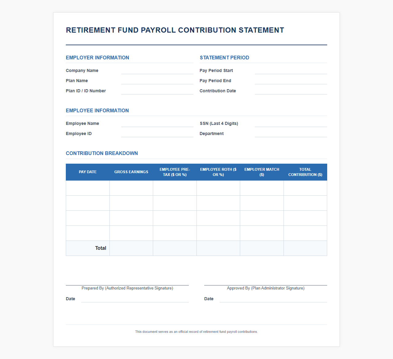 Retirement Fund Payroll Contribution Statement