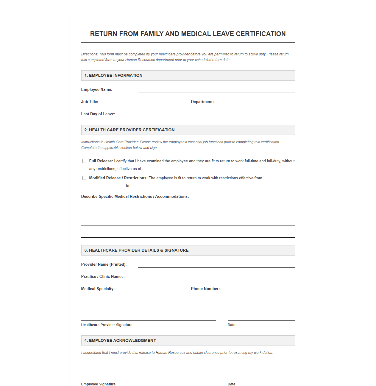 Return from Family and Medical Leave Certification