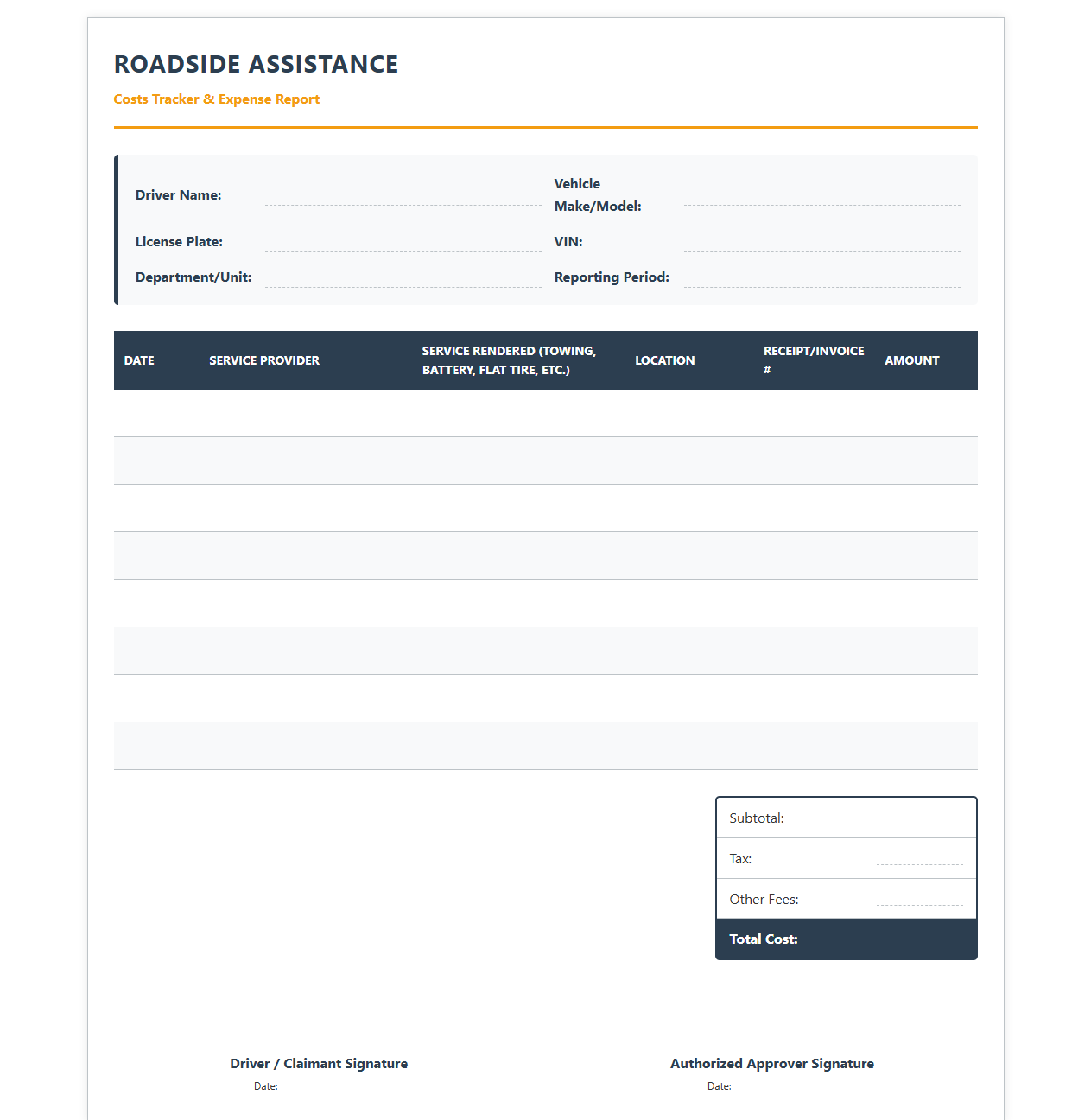 Roadside Assistance Costs Tracker Document