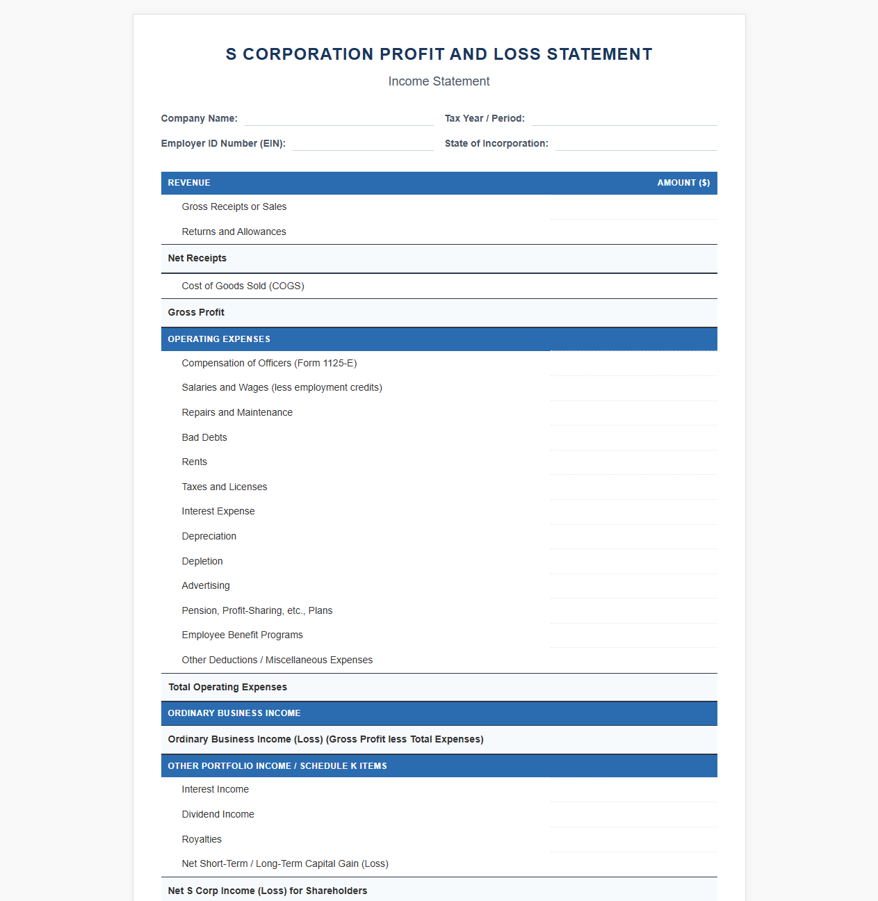 S Corp Profit and Loss Statement Template