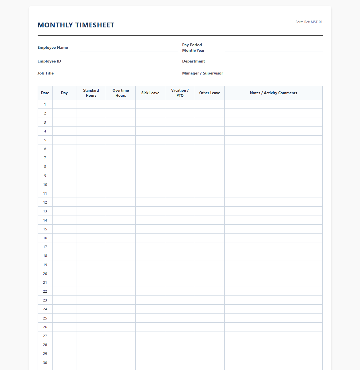 Salaried Staff Monthly Timesheet Payroll Form