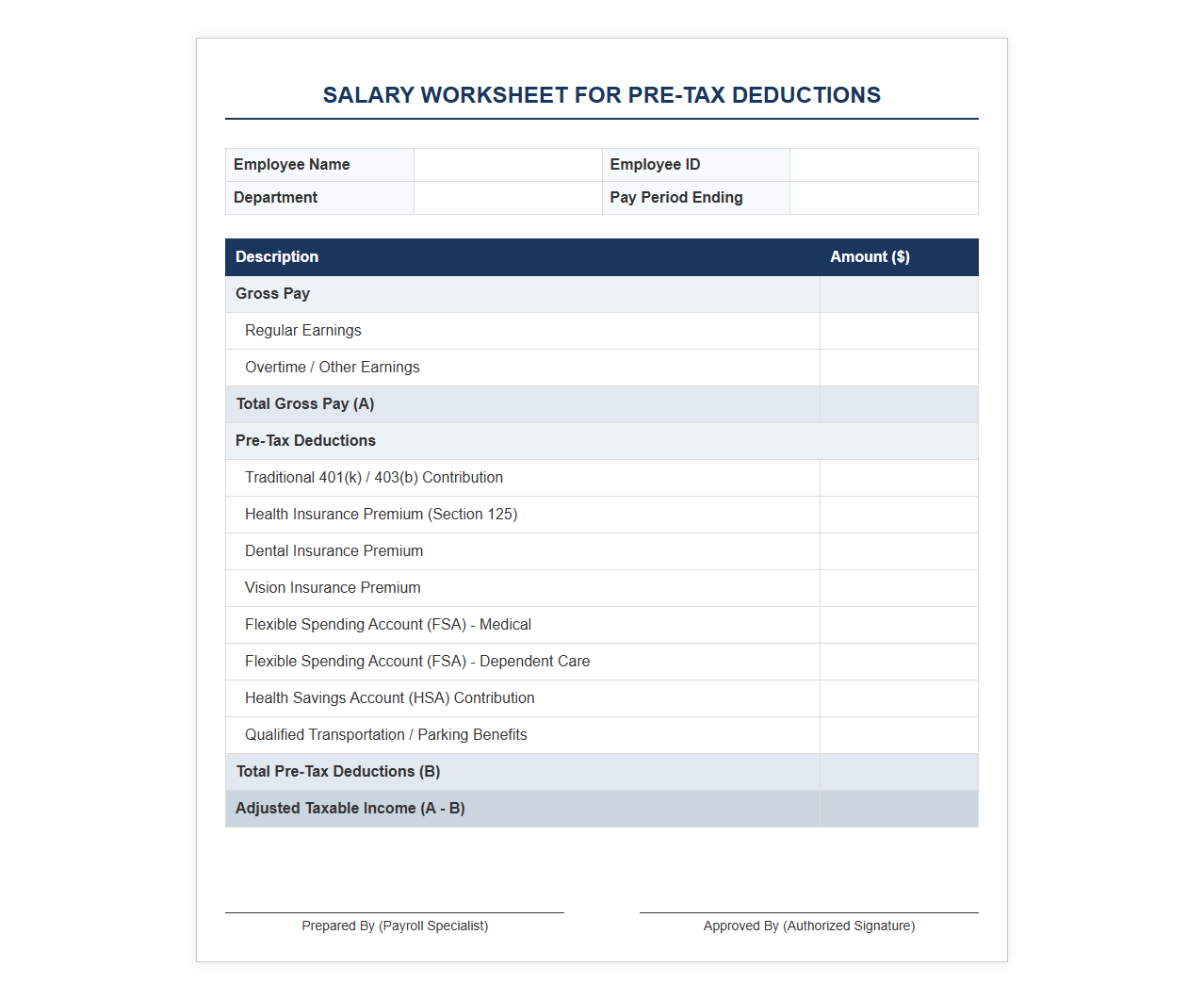 Salary Worksheet for Pre-Tax Deductions
