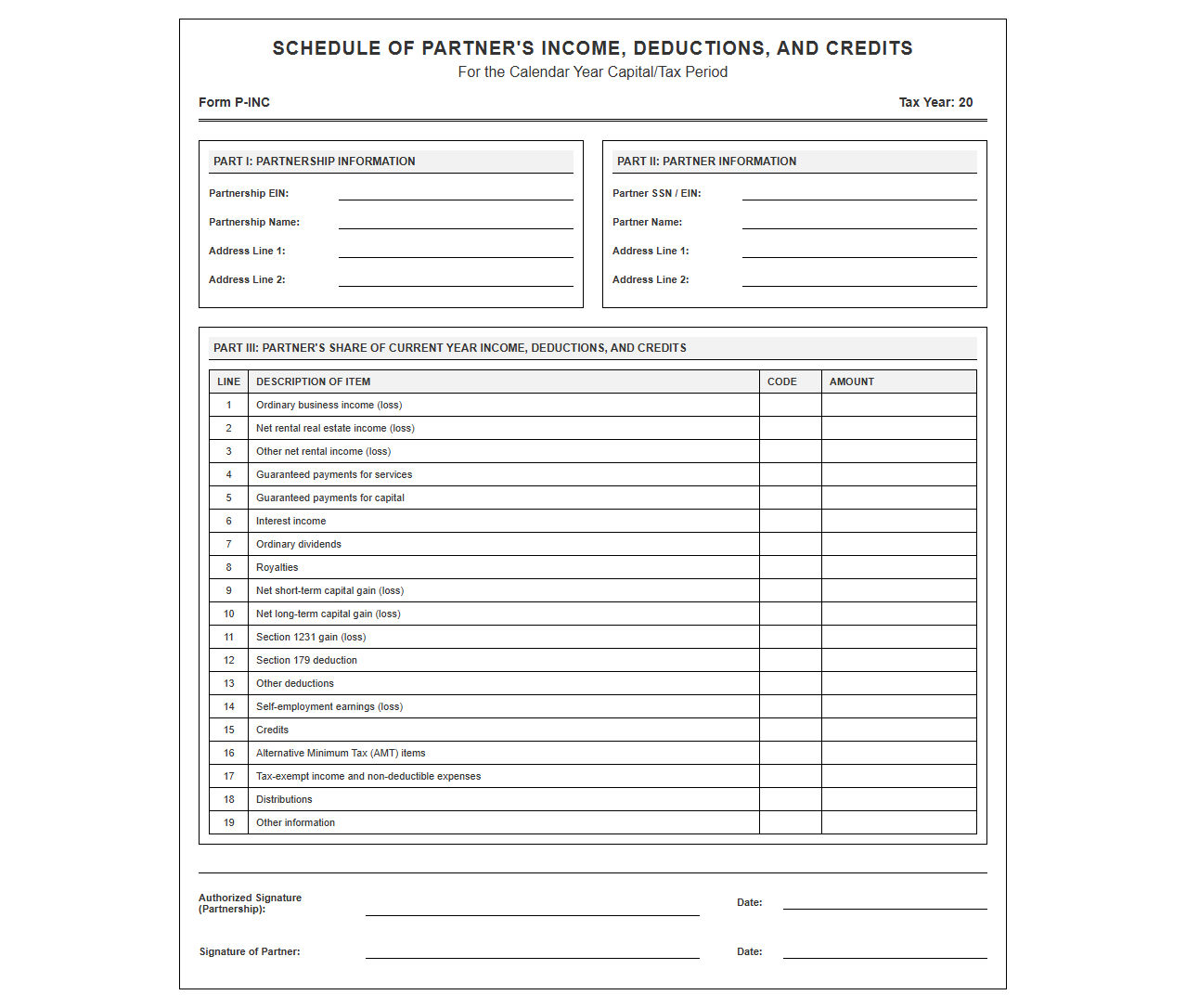 Schedule of Partner Income and Deductions
