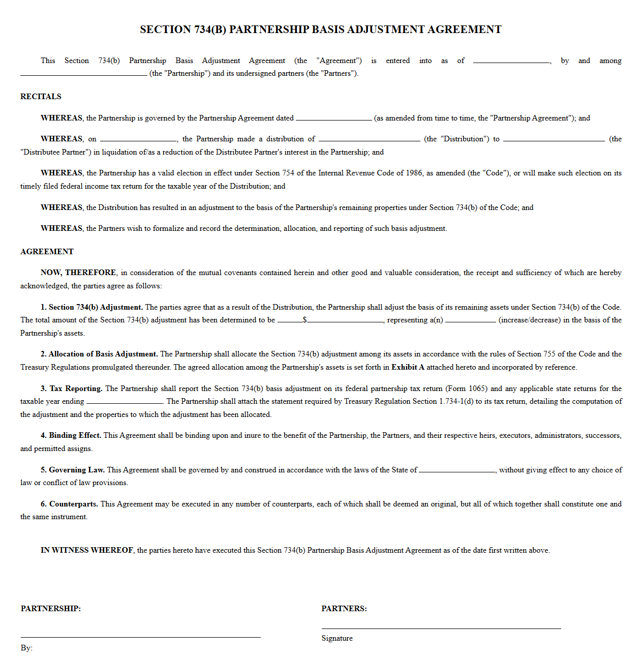 Section 734b Partnership Basis Adjustment Agreement