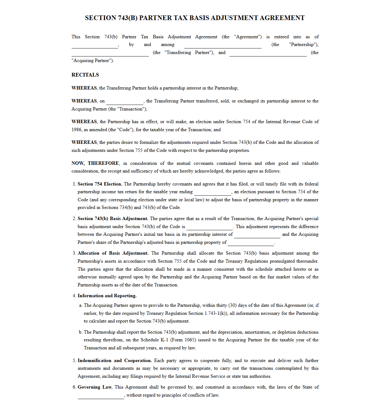 Section 743b Partner Tax Basis Adjustment Agreement