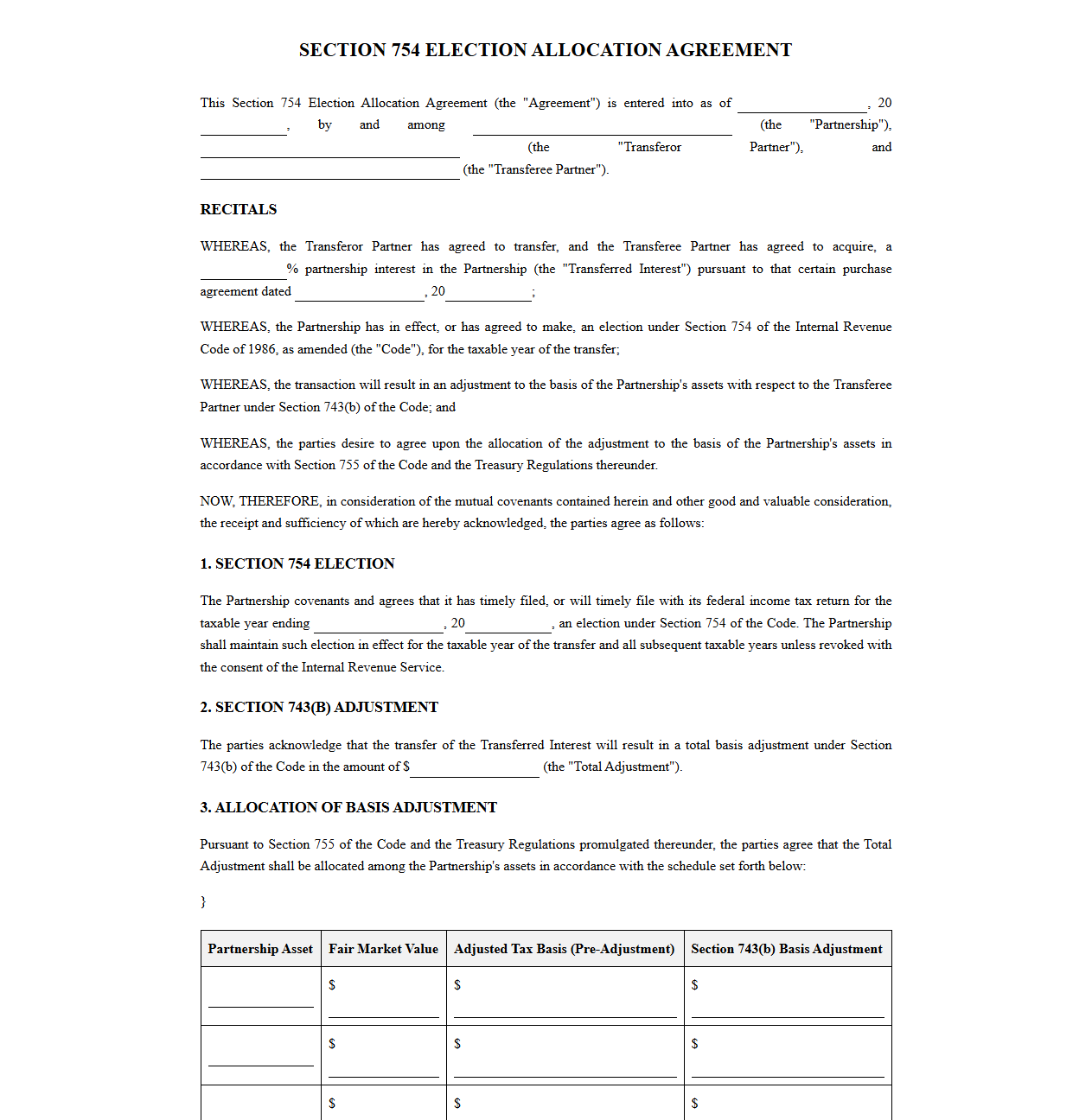 Section 754 Election Allocation Agreement Template