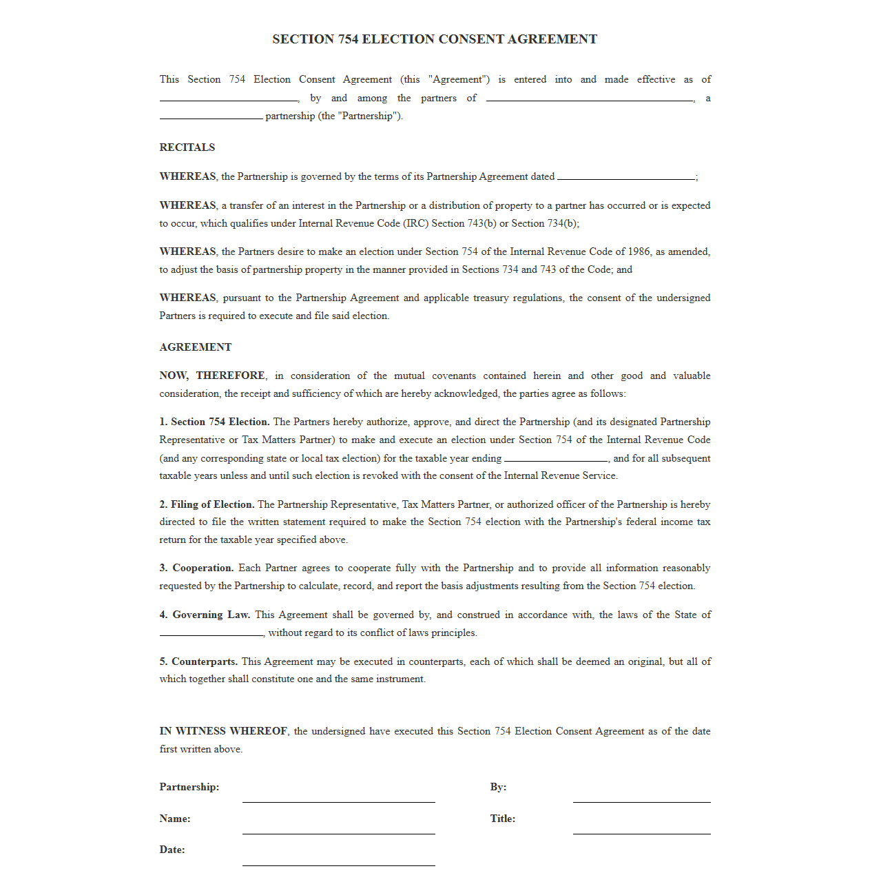 Section 754 Election Consent Agreement Template
