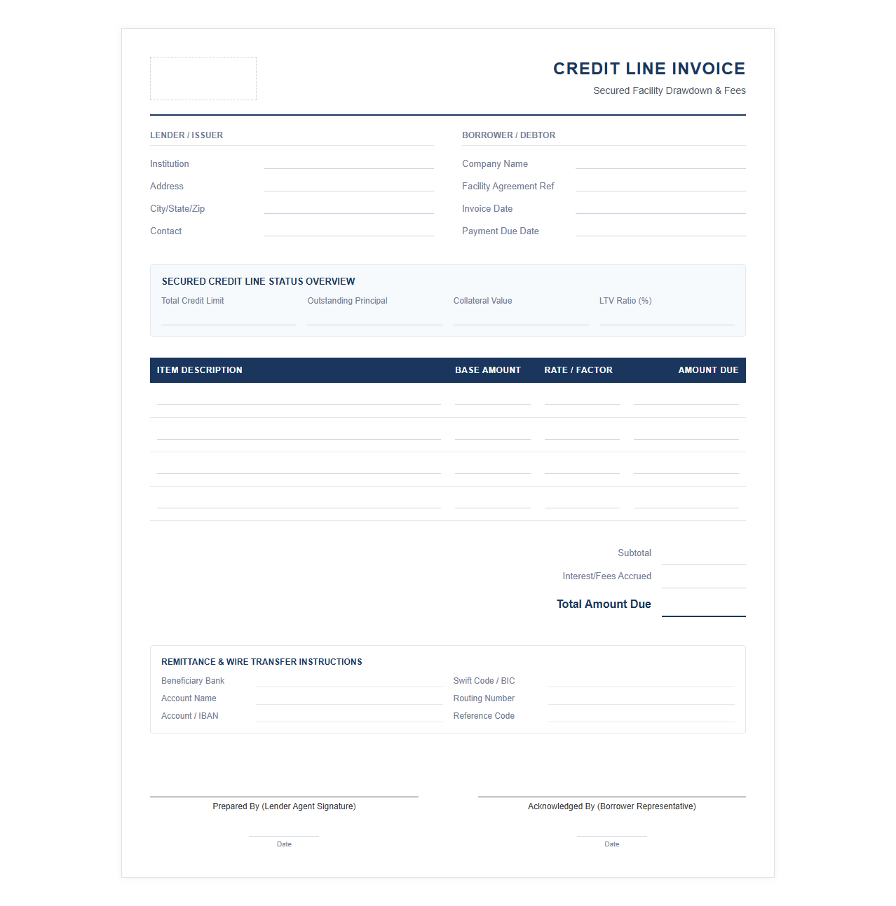 Secured Credit Line Facility Invoice Template
