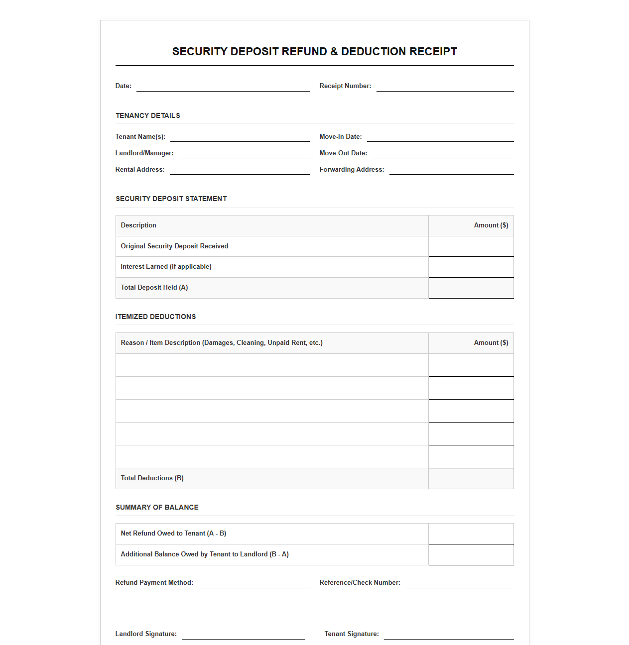 Security Deposit Refund and Deduction Receipt